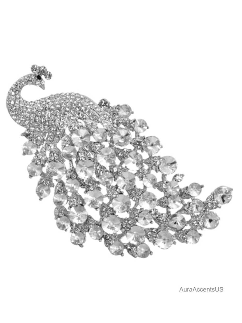 Crystal Peacock Feather Brooch Pin Silvery Toned Alloy Vintage Style